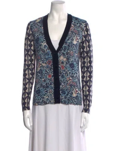 Pre-owned Tory Burch Merino Wool Printed Sweater In Blue