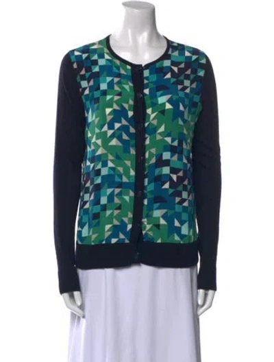 Pre-owned Tory Burch Merino Wool Printed Sweater In Blue