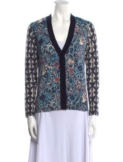 Pre-owned Tory Burch Merino Wool Printed Sweater In Blue