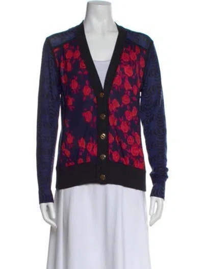 Pre-owned Tory Burch Merino Wool Printed Sweater In Blue