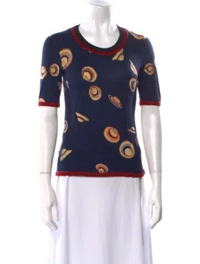 Pre-owned Tory Burch Merino Wool Printed Sweater In Blue