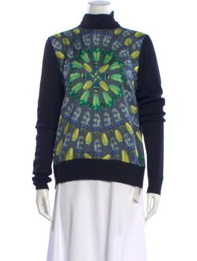 Pre-owned Tory Burch Merino Wool Printed Sweater In Blue