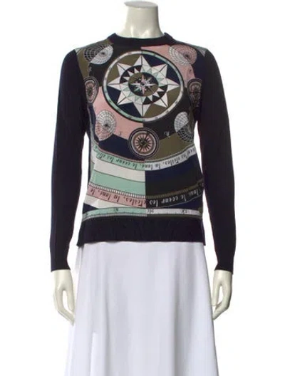 Pre-owned Tory Burch Merino Wool Printed Sweatshirt In Blue