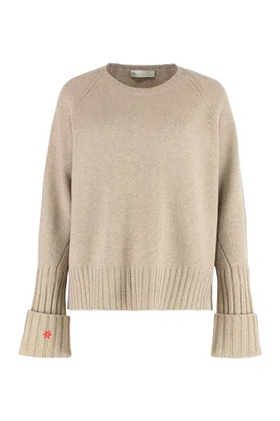 Tory Burch Merino Wool Round-neck Sweater With Long Sleeves In Neutral