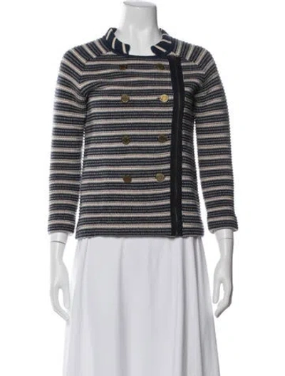Pre-owned Tory Burch Merino Wool Striped Jacket In Blue