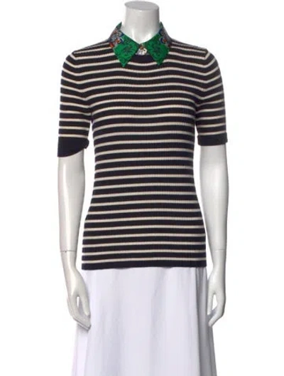Pre-owned Tory Burch Merino Wool Striped Polo In Black