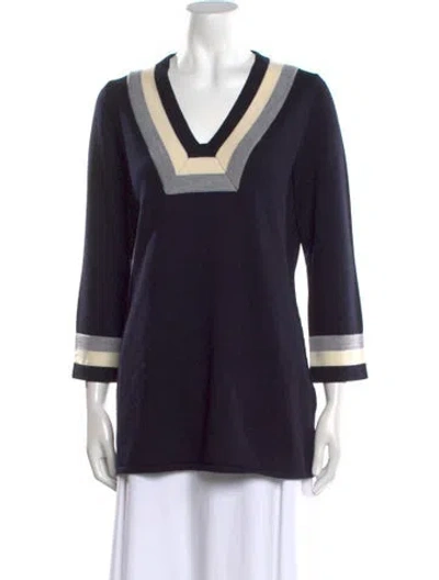 Pre-owned Tory Burch Merino Wool Striped Sweater In Blue