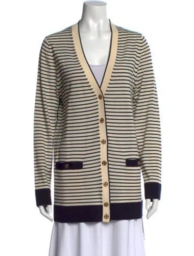 Pre-owned Tory Burch Merino Wool Striped Sweater In Neutral