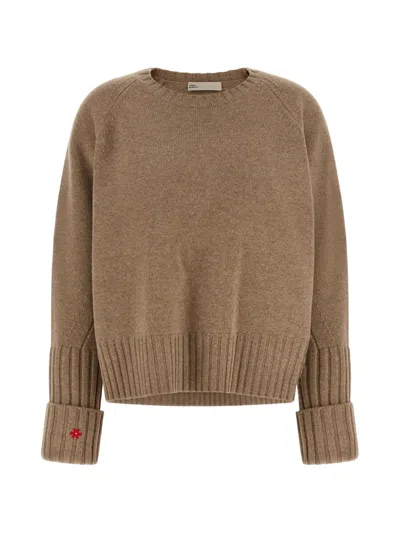 Tory Burch Wool Crew Neck With Red Floral Embroidery Sweater In Brown