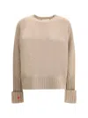 Tory Burch Sweater With A Round Neck In Merino Wool In Sand