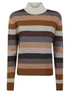 Tory Burch Striped Merino Wool Turtleneck Sweater With Ribbed Details In Multi