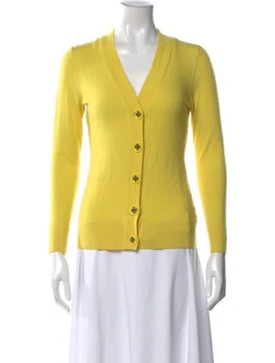Pre-owned Tory Burch Merino Wool V-neck Button-up Top In Yellow