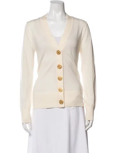 Pre-owned Tory Burch Merino Wool V-neck Cardigan In Neutrals