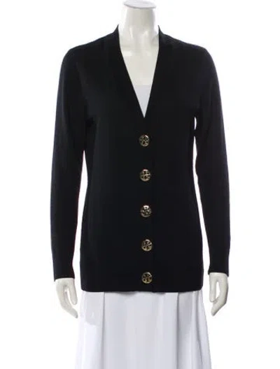 Pre-owned Tory Burch Merino Wool V-neck Sweater In Black