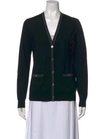 Pre-owned Tory Burch Merino Wool V-neck Sweater In Black