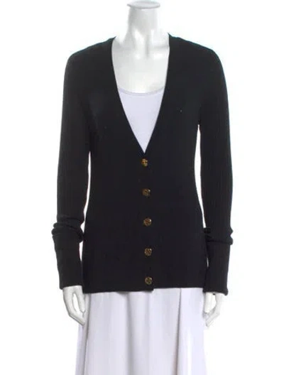 Pre-owned Tory Burch Merino Wool V-neck Sweater In Black
