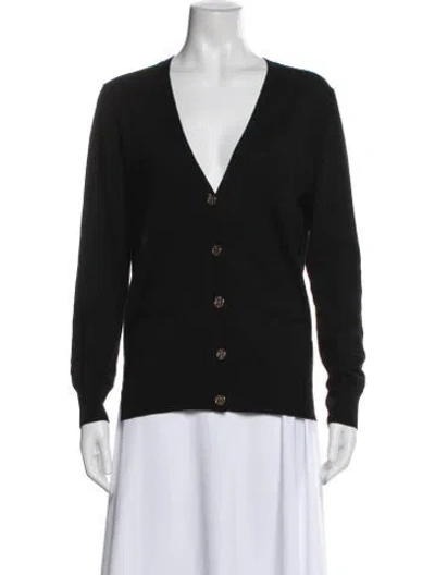 Pre-owned Tory Burch Merino Wool V-neck Sweater In Black