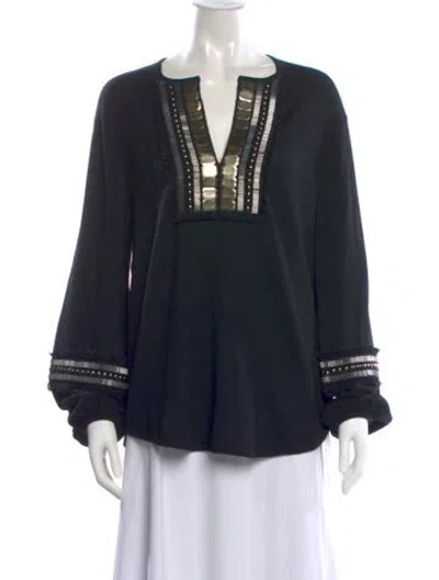 Pre-owned Tory Burch Merino Wool V-neck Sweater In Black