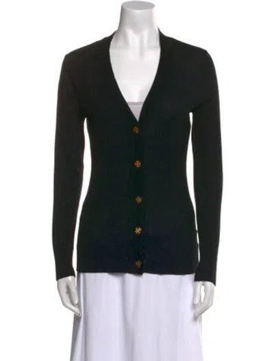 Pre-owned Tory Burch Merino Wool V-neck Sweater In Black