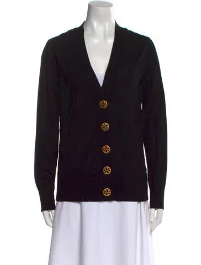 Pre-owned Tory Burch Merino Wool V-neck Sweater In Black
