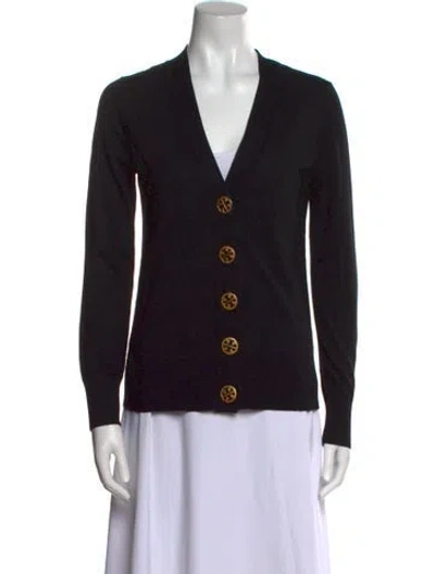 Pre-owned Tory Burch Merino Wool V-neck Sweater In Black