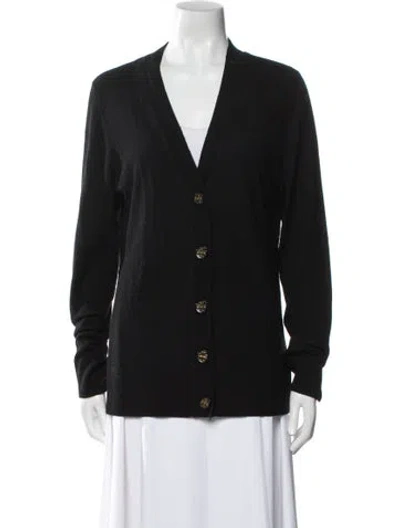 Pre-owned Tory Burch Merino Wool V-neck Sweater In Black