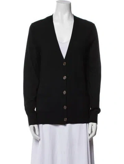 Pre-owned Tory Burch Merino Wool V-neck Sweater In Black