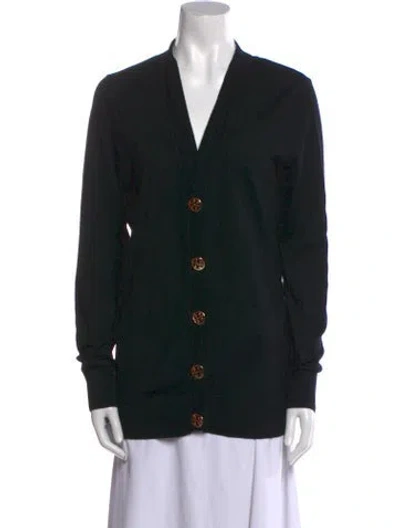 Pre-owned Tory Burch Merino Wool V-neck Sweater In Black