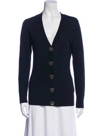Pre-owned Tory Burch Merino Wool V-neck Sweater In Black
