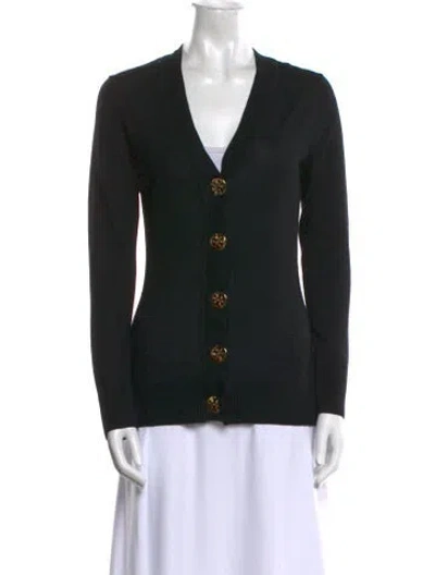 Pre-owned Tory Burch Merino Wool V-neck Sweater In Black