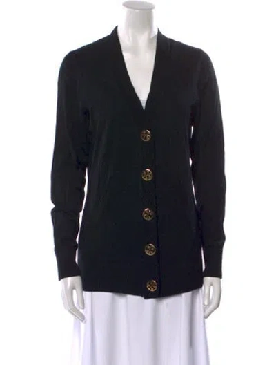 Pre-owned Tory Burch Merino Wool V-neck Sweater In Black