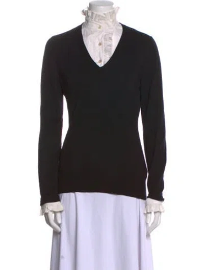 Pre-owned Tory Burch Merino Wool V-neck Sweater In Black