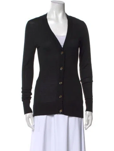 Pre-owned Tory Burch Merino Wool V-neck Sweater In Black