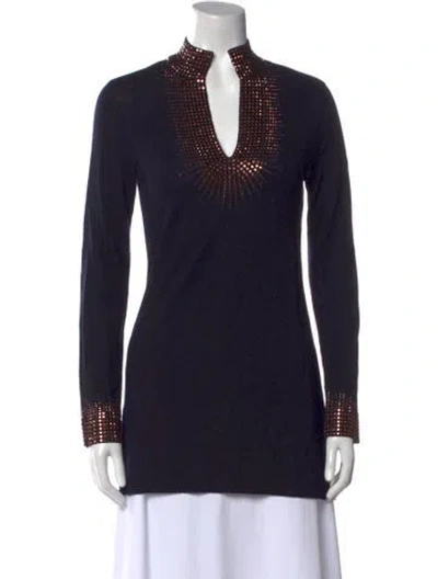 Pre-owned Tory Burch Merino Wool V-neck Sweater In Black