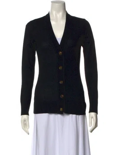 Pre-owned Tory Burch Merino Wool V-neck Sweater In Black