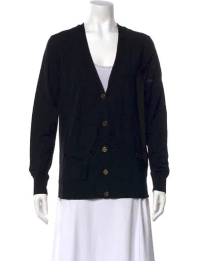 Pre-owned Tory Burch Merino Wool V-neck Sweater In Black