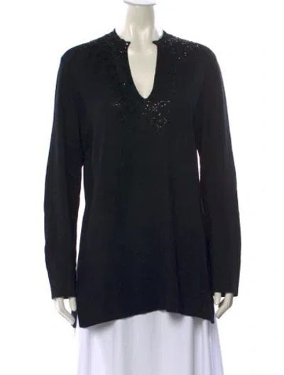 Pre-owned Tory Burch Merino Wool V-neck Sweater In Black