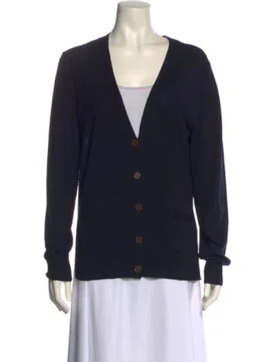 Pre-owned Tory Burch Merino Wool V-neck Sweater In Black