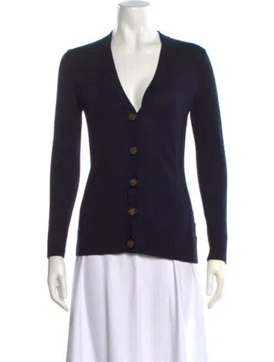 Pre-owned Tory Burch Merino Wool V-neck Sweater In Black