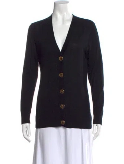Pre-owned Tory Burch Merino Wool V-neck Sweater In Black