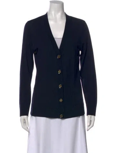 Pre-owned Tory Burch Merino Wool V-neck Sweater In Black