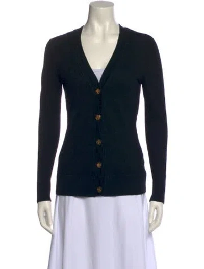 Pre-owned Tory Burch Merino Wool V-neck Sweater In Black