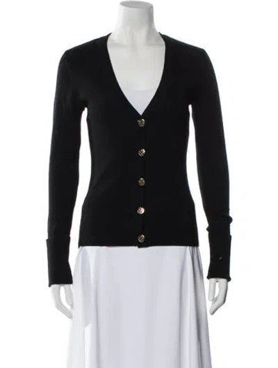 Pre-owned Tory Burch Merino Wool V-neck Sweater In Black