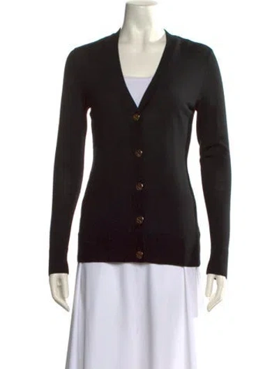 Pre-owned Tory Burch Merino Wool V-neck Sweater In Black