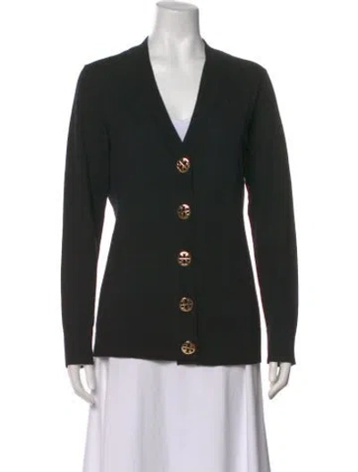 Pre-owned Tory Burch Merino Wool V-neck Sweater In Black