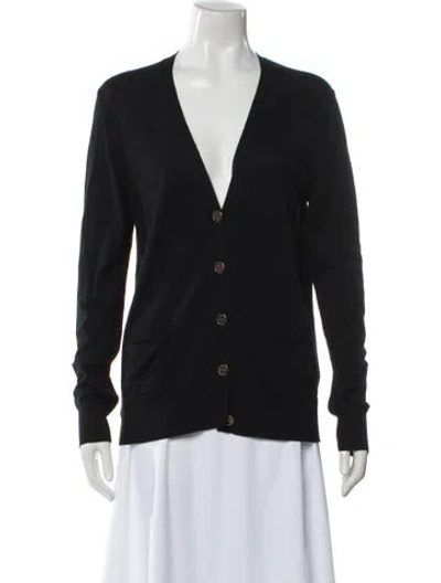 Pre-owned Tory Burch Merino Wool V-neck Sweater In Black