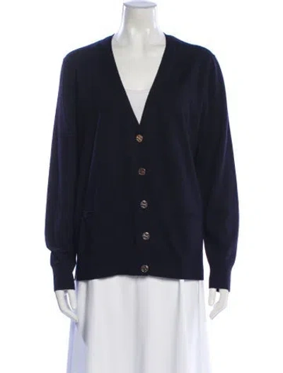 Pre-owned Tory Burch Merino Wool V-neck Sweater In Black