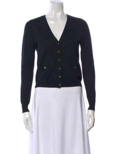Pre-owned Tory Burch Merino Wool V-neck Sweater In Black