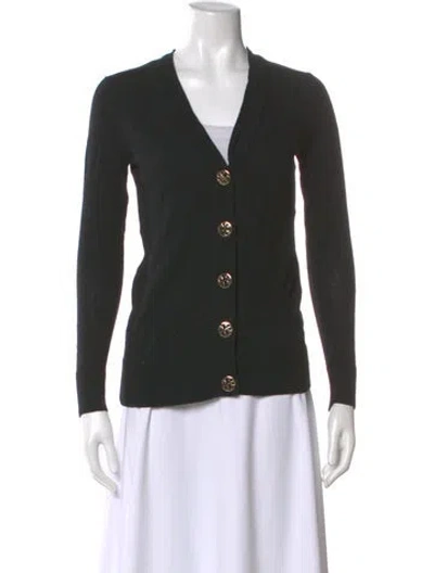 Pre-owned Tory Burch Merino Wool V-neck Sweater In Black