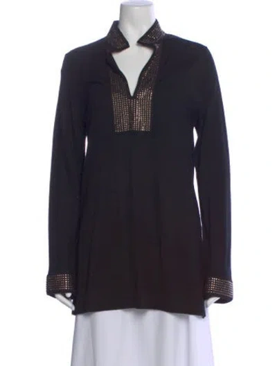 Pre-owned Tory Burch Merino Wool V-neck Sweater In Black